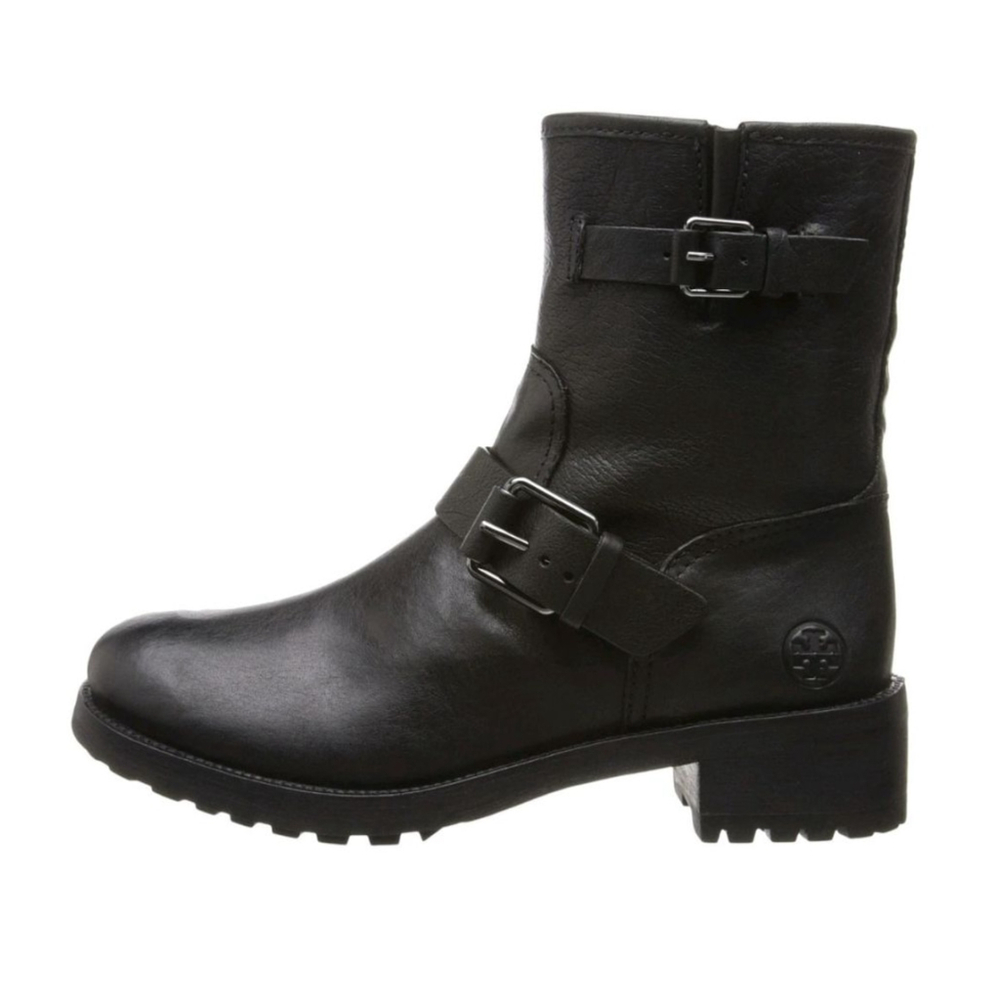 TORY BURCH Chrystie Black Leather Buckle Moto Boots Size 6